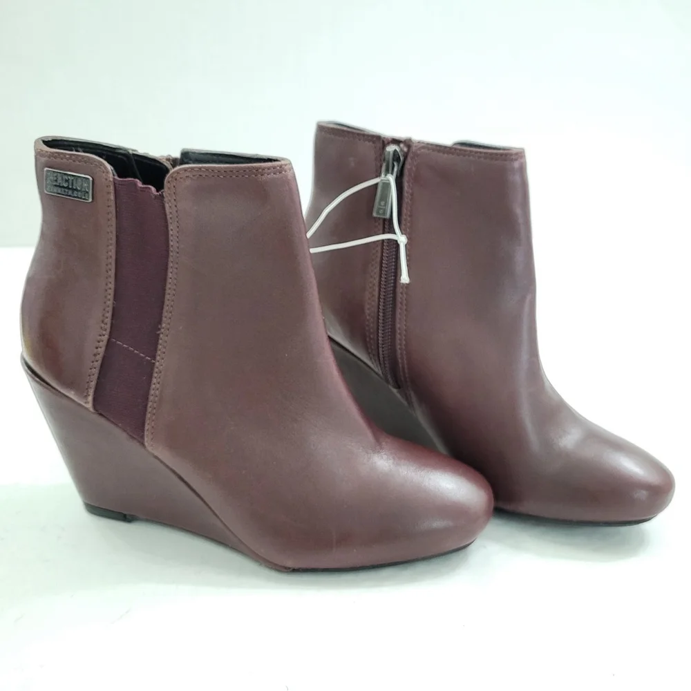 NWOB Women's Reaction Kenneth Cole Marcy Brown Genuine Leather Wedge Booties 5 - Picture 1 of 10